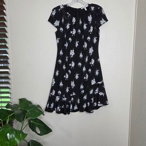 Derek Lam 10 Crosby‎ Silk Dress Floral Print Ruffle Hem Black Blue Size 4 Silk